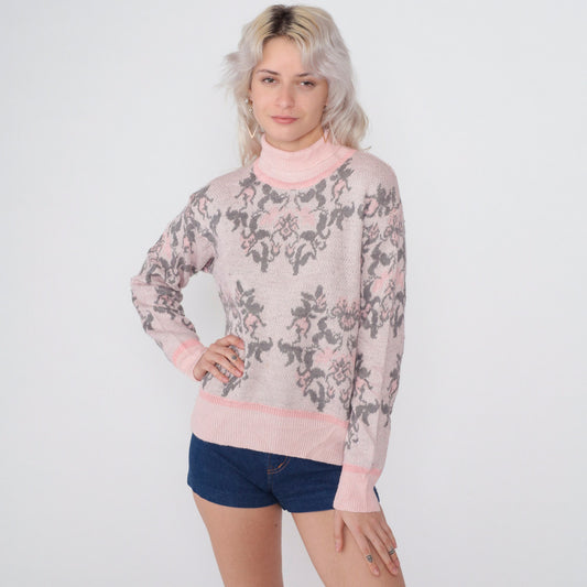 90s Pink Floral Abstract Knit Sweater Mock Neck Wool Blend Small S