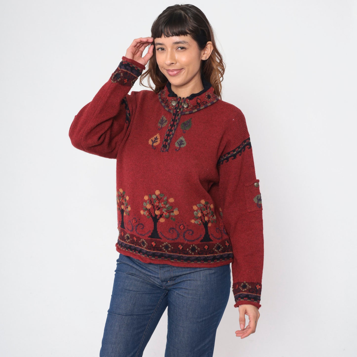 Y2K Icelandic Wool Sweater Quarter Zip Tree Print Red Medium