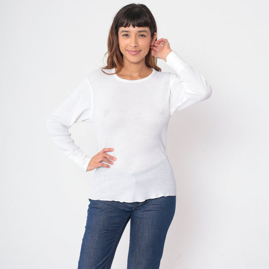 80s White Thermal Waffle Knit Long Sleeve Undershirt Medium