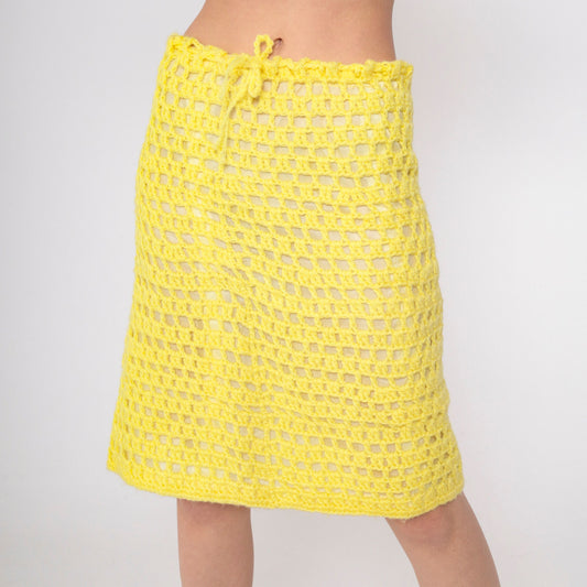 70s Yellow Crochet Midi Skirt High Waisted Open Weave Drawstring Small