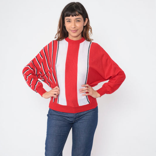 80s Striped Dolman Sleeve Knit Sweater Red White Black Crewneck Medium