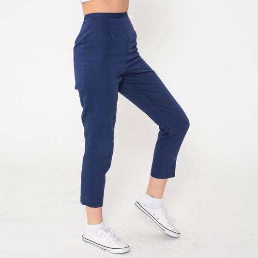 60s Carol Brent Dark Blue High-Waisted Tapered Ankle Pants Extra Small