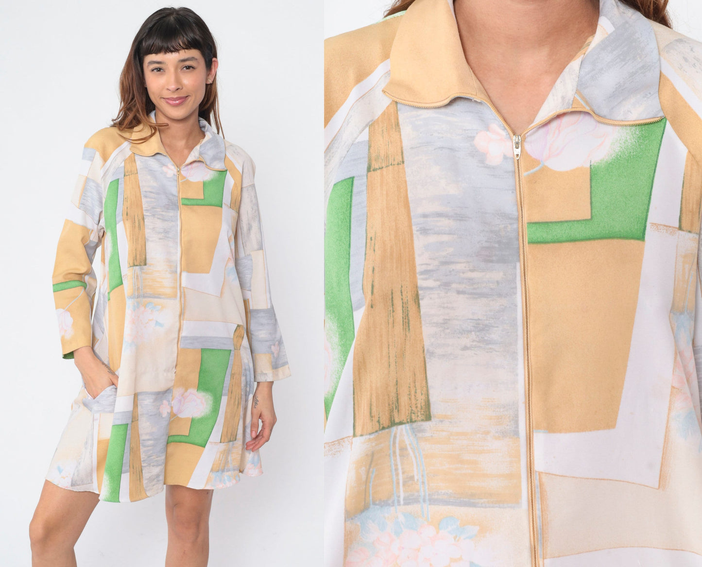 70s Abstract Floral Mini Dress Long Sleeve Zip Front Shift Medium M