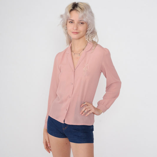 80s Blush Pink Embroidered Peacock Button-Up Blouse Long Sleeve Small