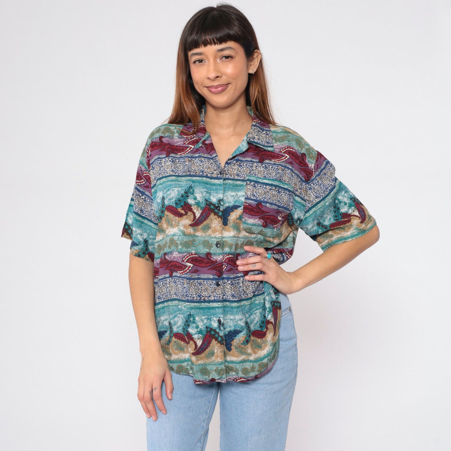90s Indian Mandala Leaf Button-Up Blouse Short Sleeve Floral Print Blue Red Medium M