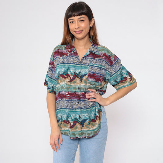 90s Indian Mandala Leaf Button-Up Blouse Short Sleeve Floral Print Blue Red Medium M