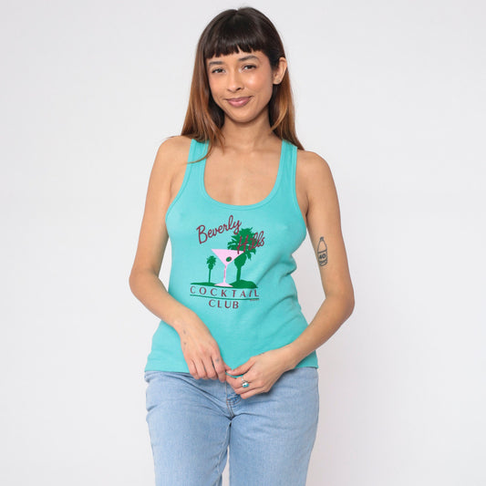 90s Beverly Hills Cocktail Club Tank Top Blue Graphic Tee Small