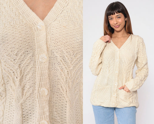 00s Kilronan Merino Wool Cable Knit Cardigan Cream Tree Print Medium M