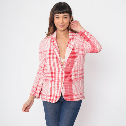 80s WilliWear Willi Smith Plaid Blazer Red White Cotton Jacket Small S