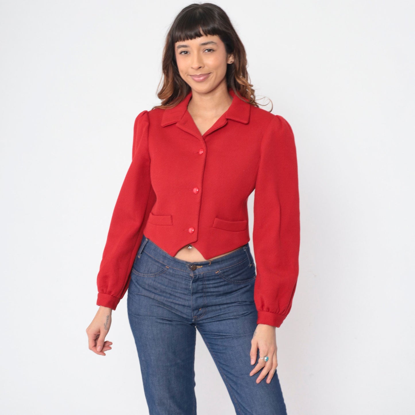 70s Red Corduroy Puff Sleeve Blouse Notched Hem Crop Top Small