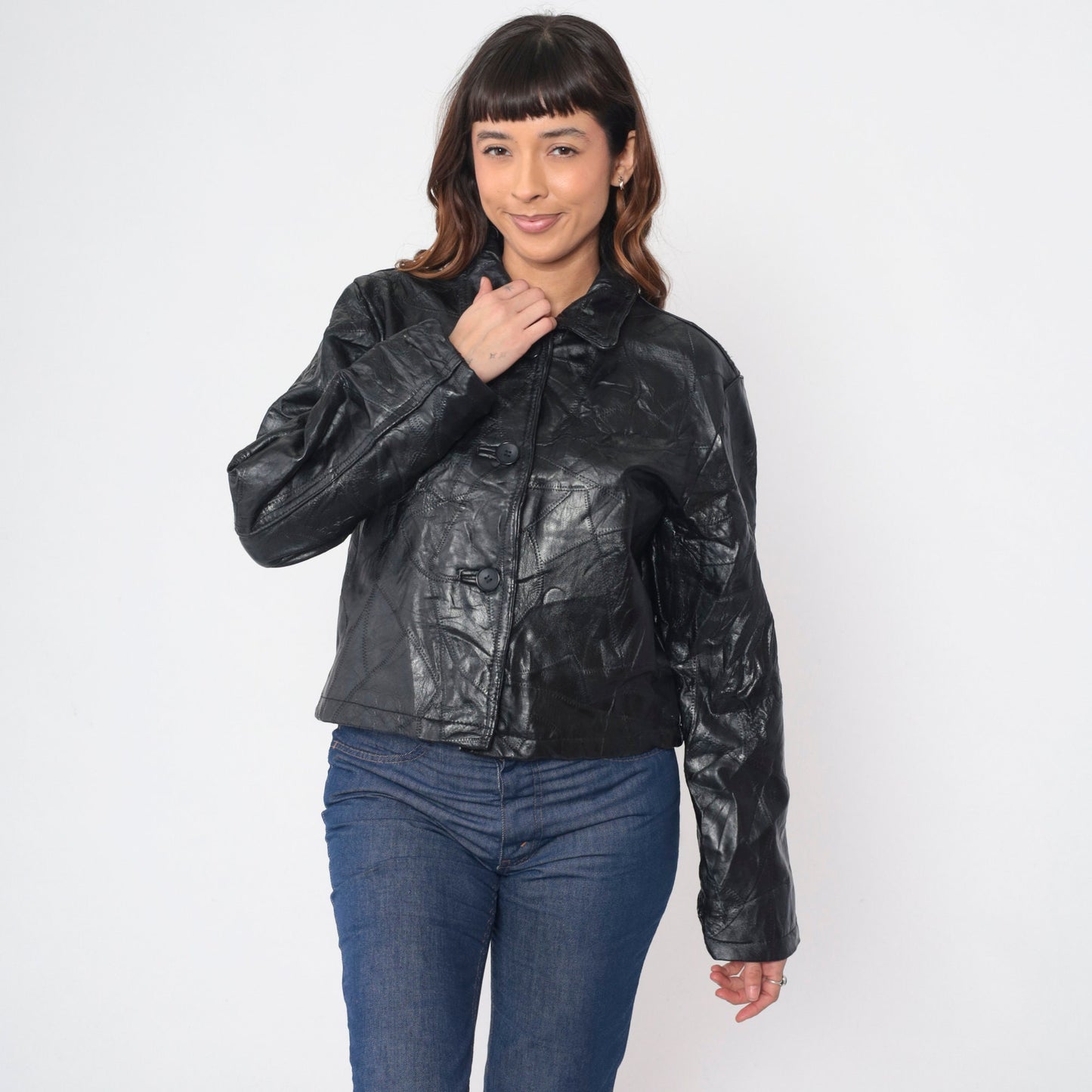 00s Black Patchwork Leather Moto Jacket Italian Stone Design Medium