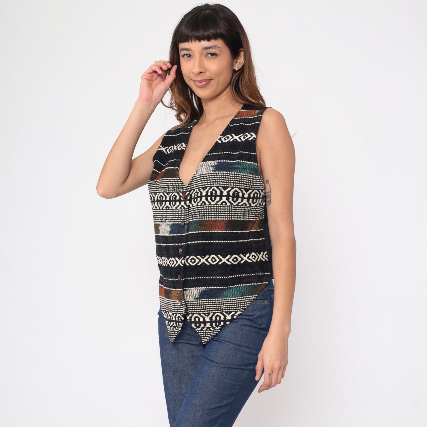 90s Jane Ashley Southwestern Striped Vest Ikat Woven Black White Medium
