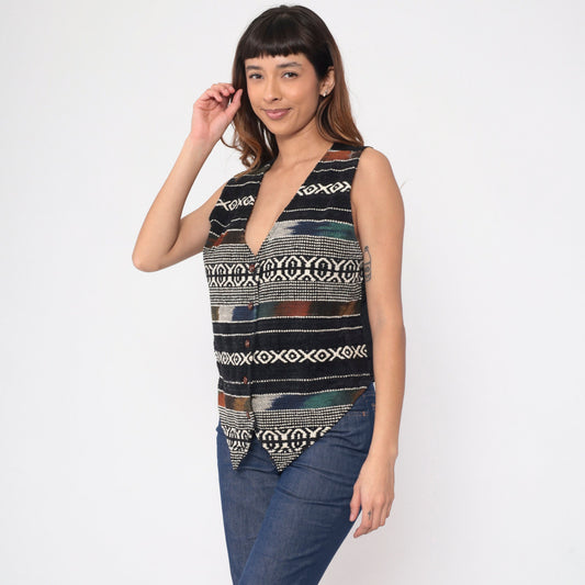 90s Jane Ashley Southwestern Striped Vest Ikat Woven Black White Medium