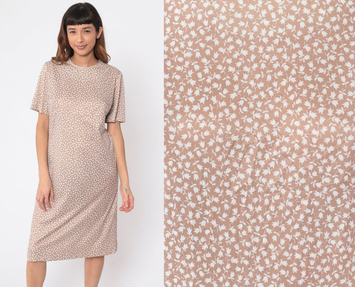 70s Tulip Floral Midi Dress Light Brown Shift Short Sleeve Large