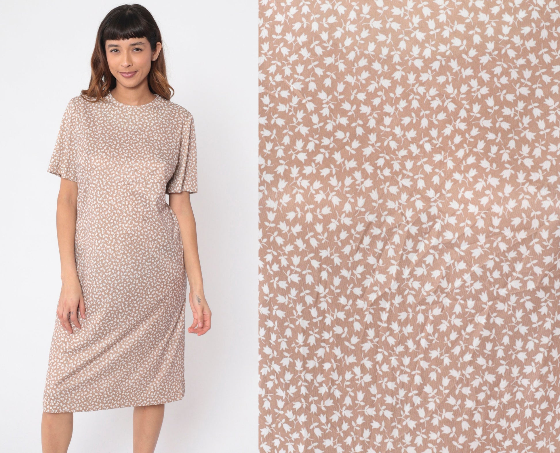 70s Tulip Floral Midi Dress Light Brown Shift Short Sleeve Large