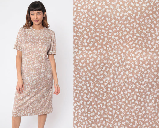 70s Tulip Floral Midi Dress Light Brown Shift Short Sleeve Large