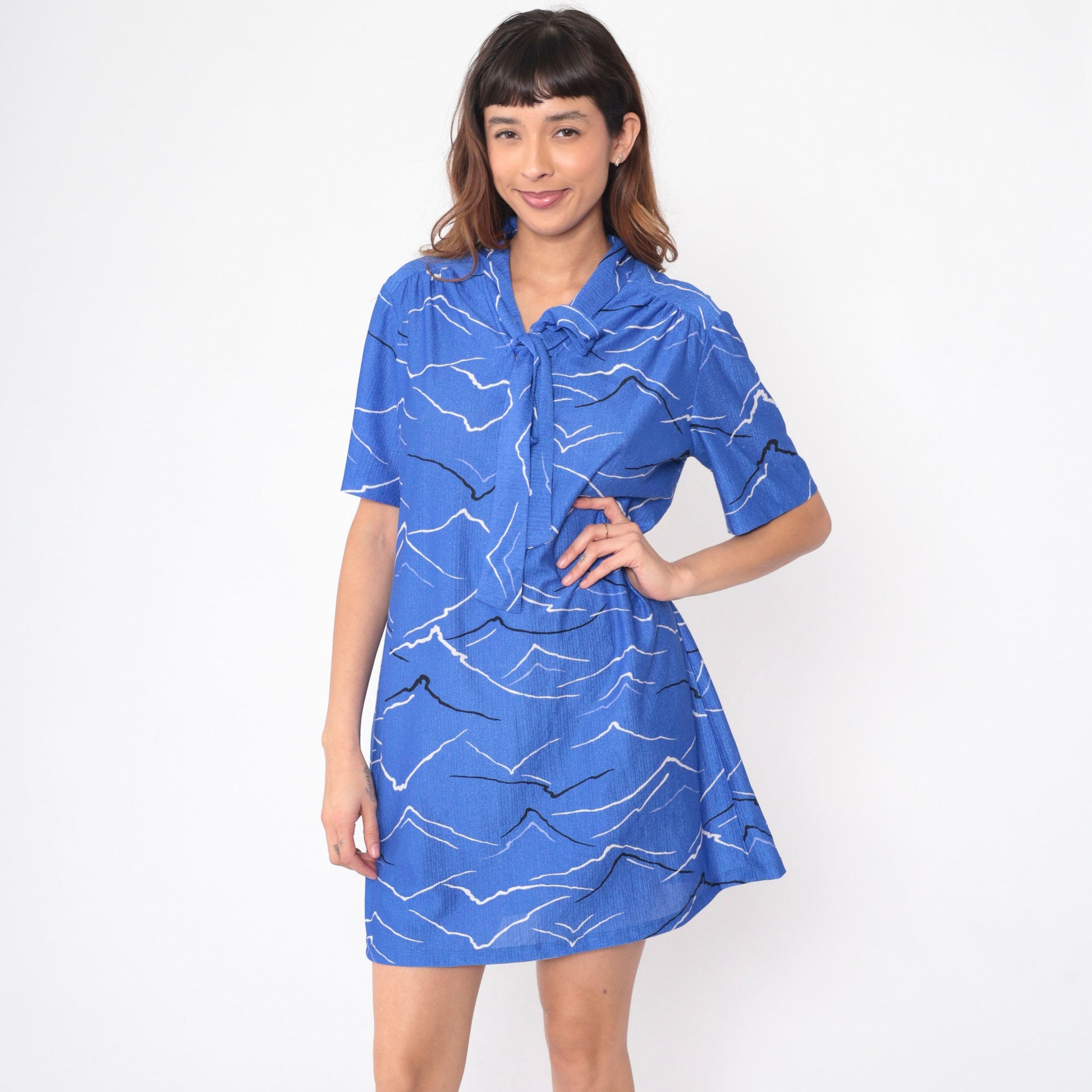 70s Mountain Print Mini Dress Blue Ascot Neck Tie Short Sleeve Large L