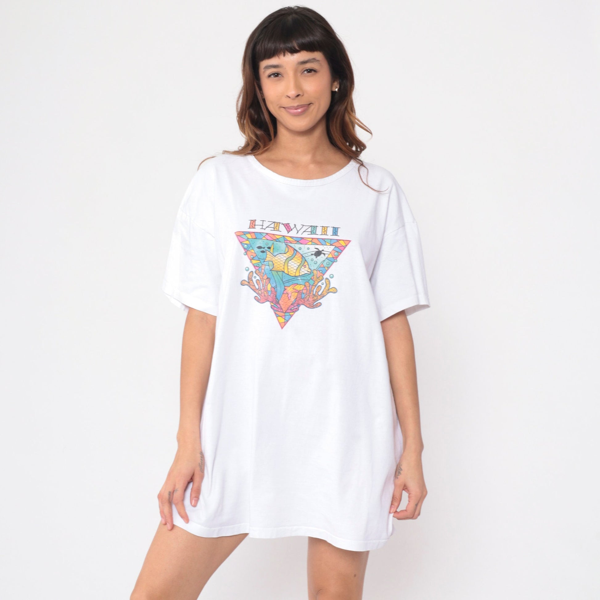 90s Hawaii Tropical Fish Turtle Graphic T-Shirt Dress Extra Large XL