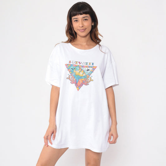 90s Hawaii Tropical Fish Turtle Graphic T-Shirt Dress Extra Large XL