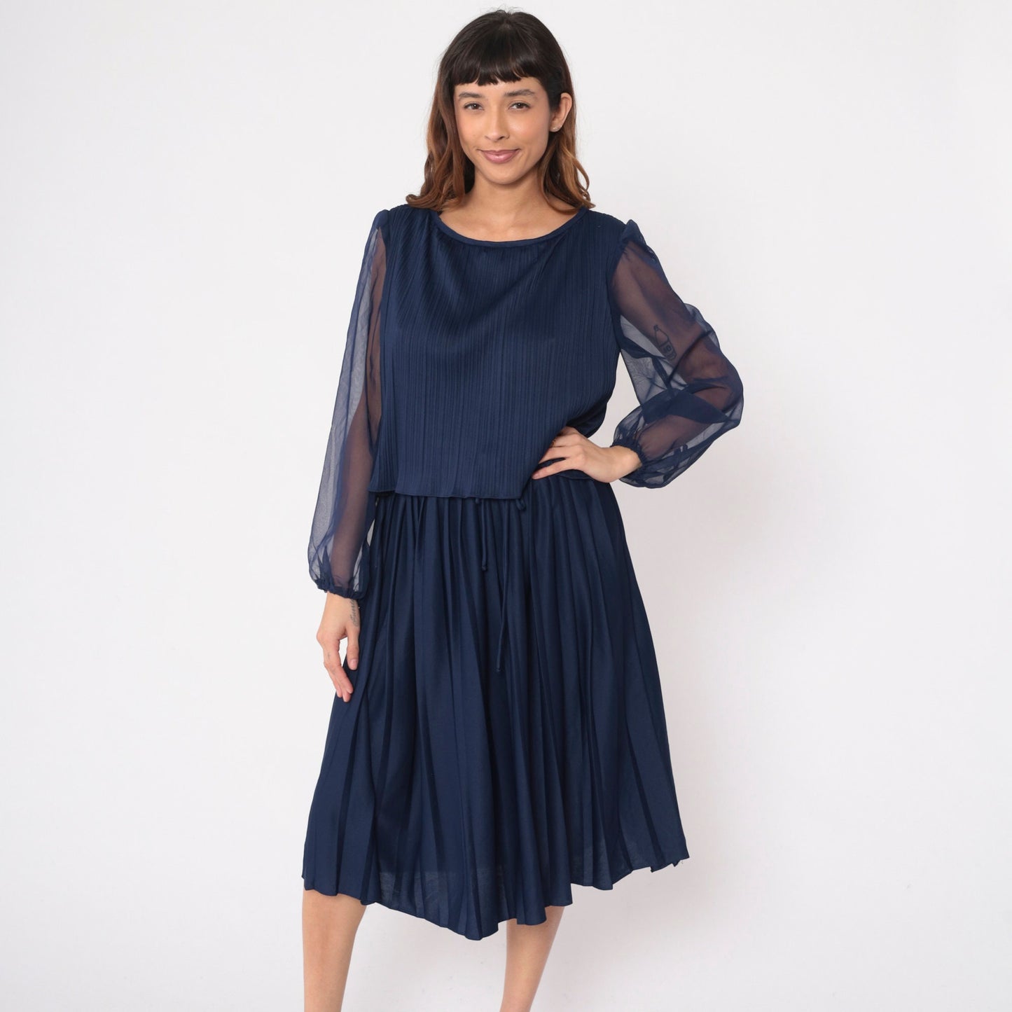 70s Navy Pleated Midi Dress Layered Bodice Sheer Chiffon Sleeves Large L