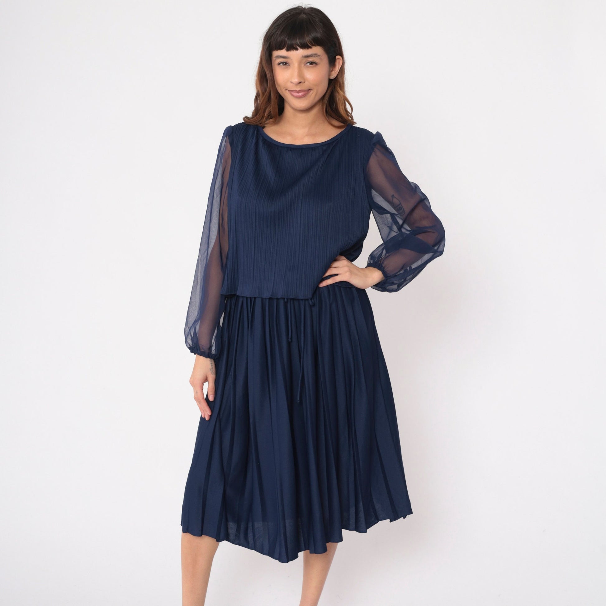 70s Navy Pleated Midi Dress Layered Bodice Sheer Chiffon Sleeves Large L