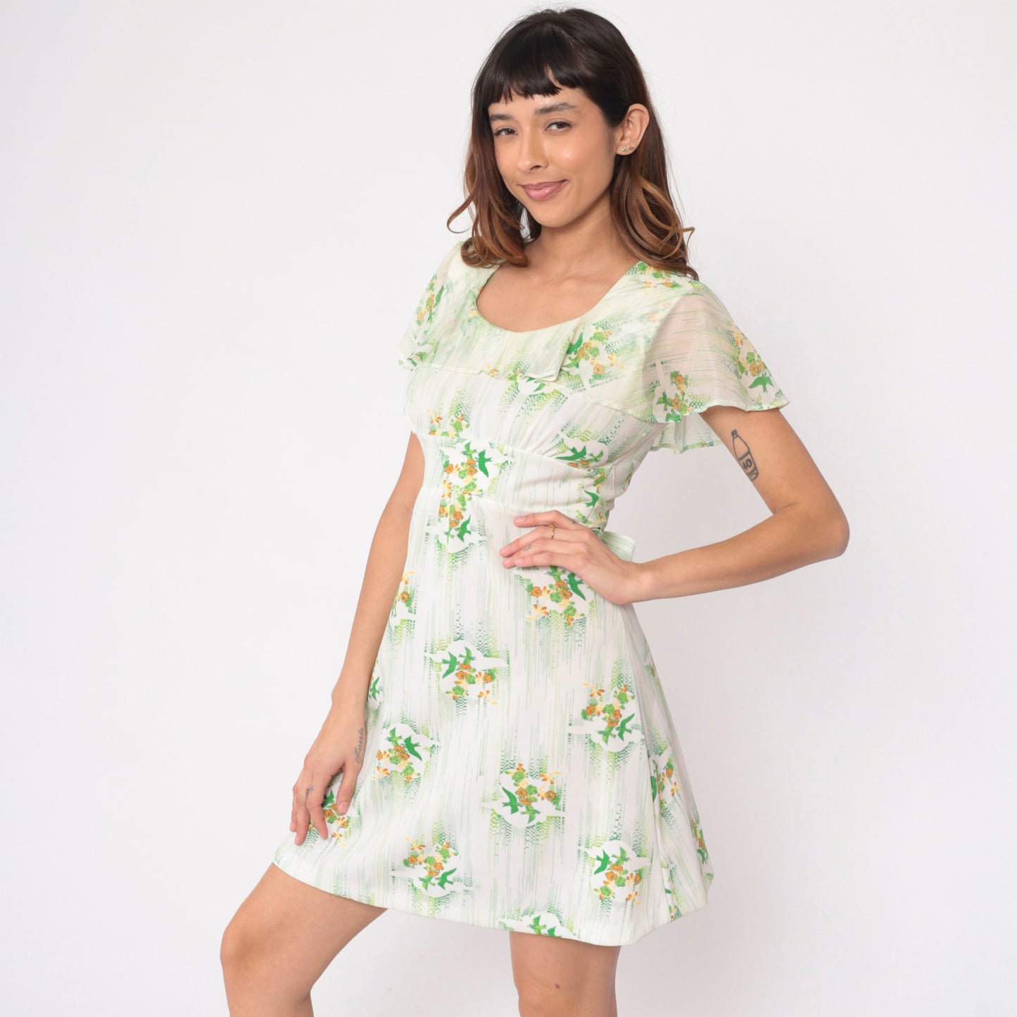 70s Babydoll Mini Dress Floral Bird Print Empire Waist Flutter Sleeve Small