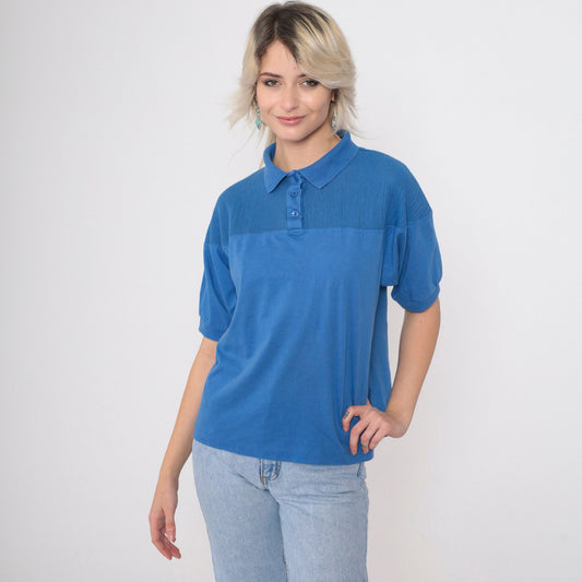 90s Blue Polo Shirt Cotton Blend Collared Short Sleeve Large