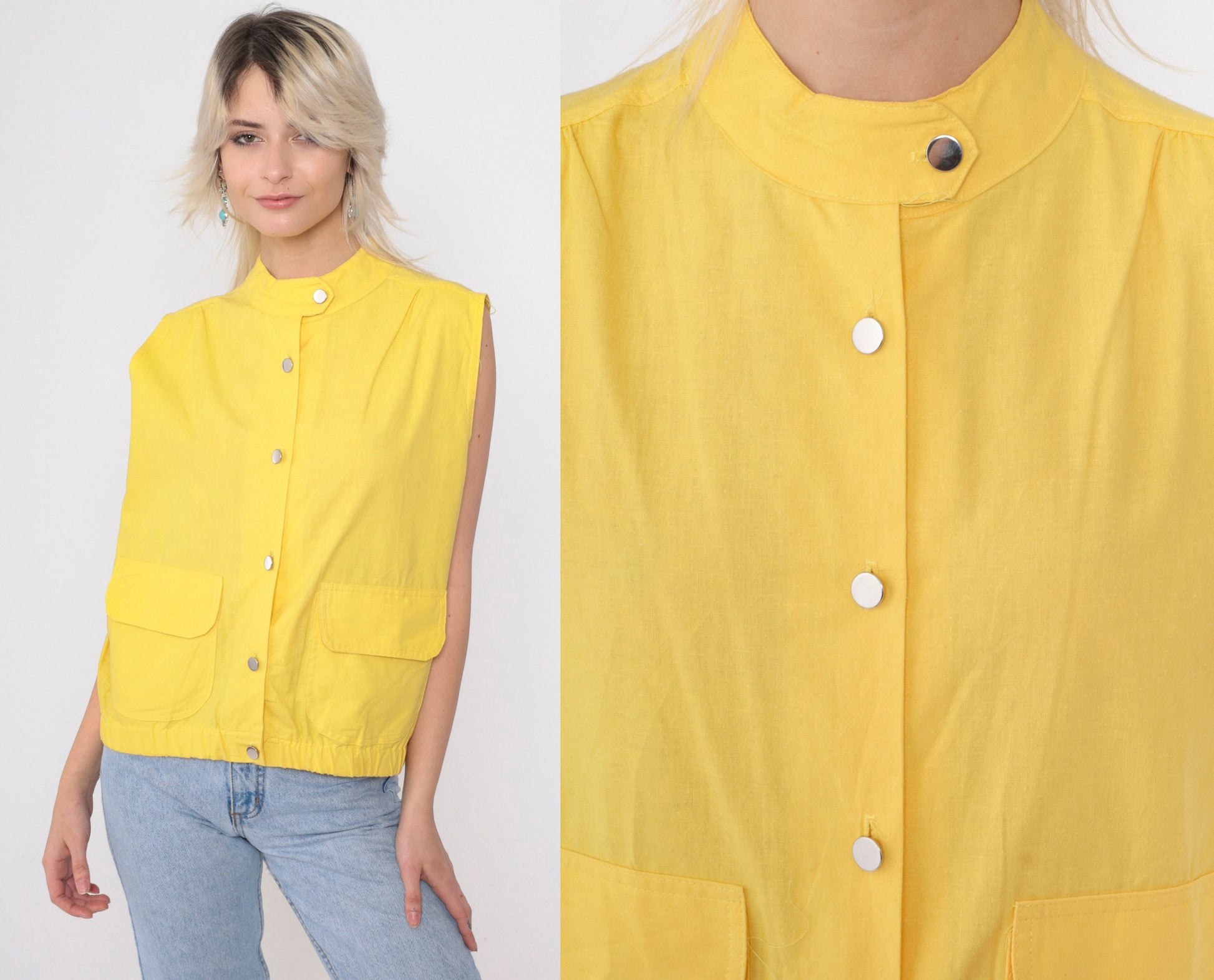 80s Jess Yellow Utility Tank Top Button-Up Vest Silver Banded Collar Medium