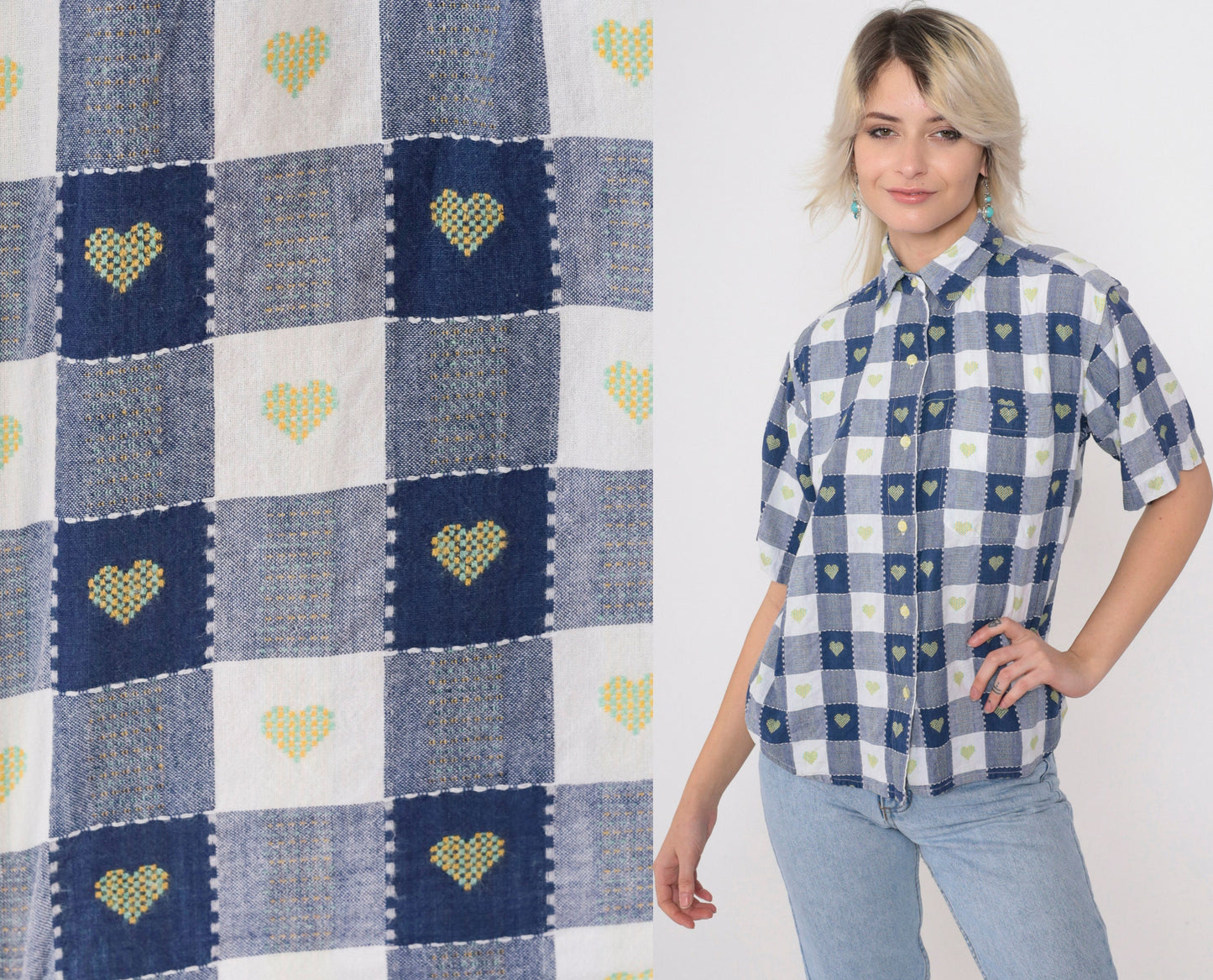 90s Blue Buffalo Plaid Shirt Embroidered Hearts Button Up Petite Medium
