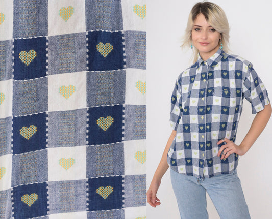 90s Blue Buffalo Plaid Shirt Embroidered Hearts Button Up Petite Medium