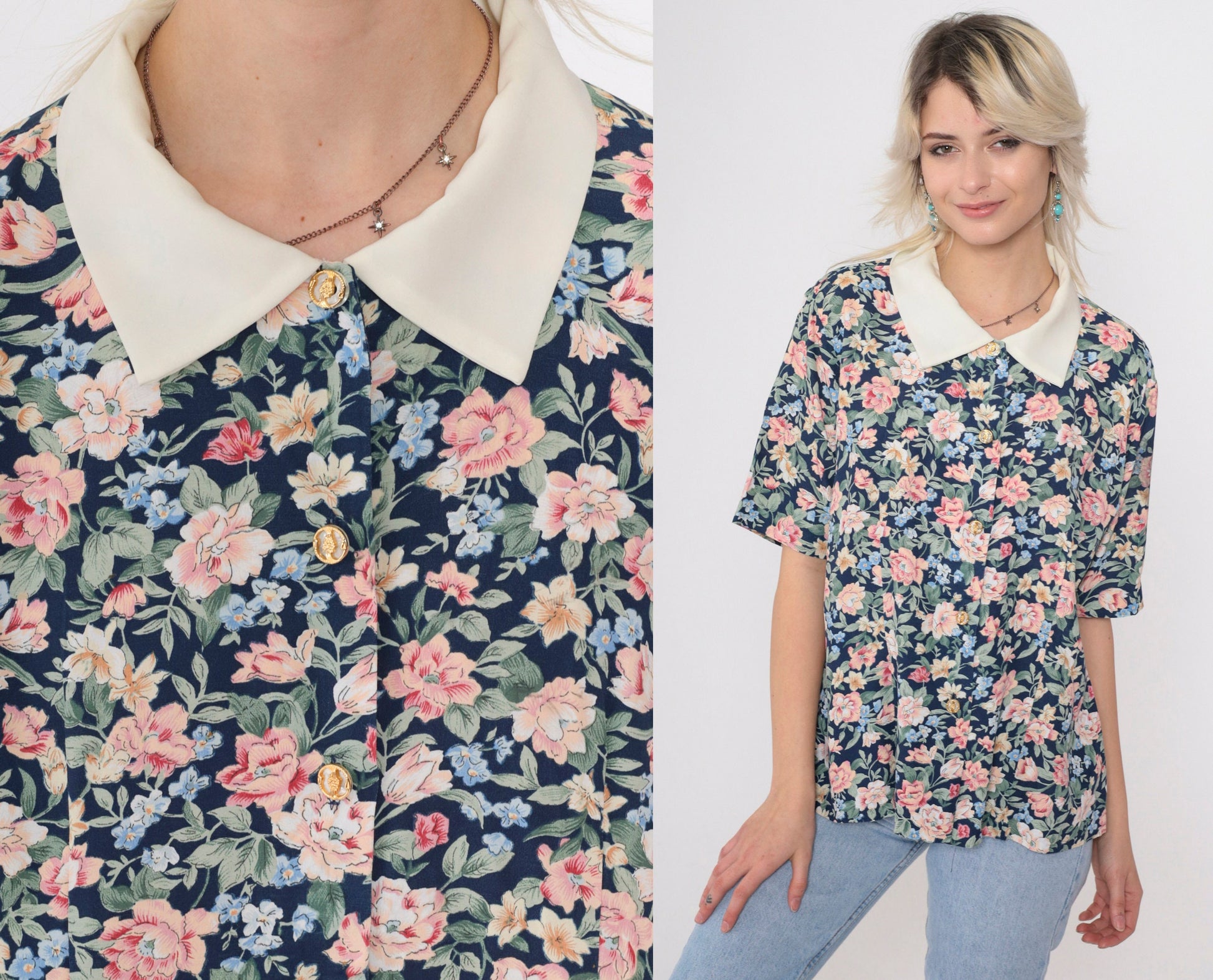 90s Dark Blue Floral Button Up Blouse White Collar Gold Buttons Small