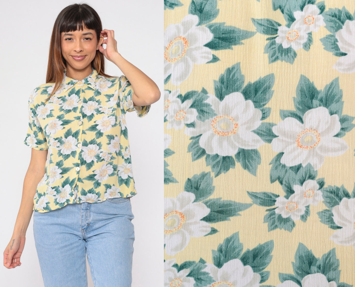 90s Yellow Floral Button-Up Blouse Short Sleeve Collared Shirt Medium M