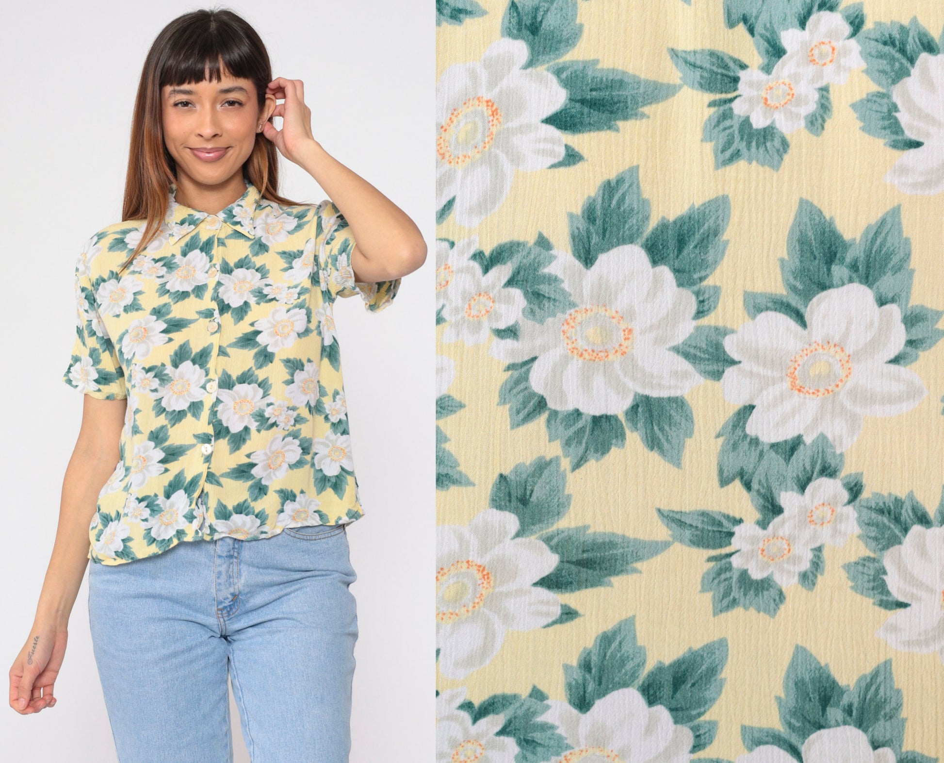 90s Yellow Floral Button-Up Blouse Short Sleeve Collared Shirt Medium M