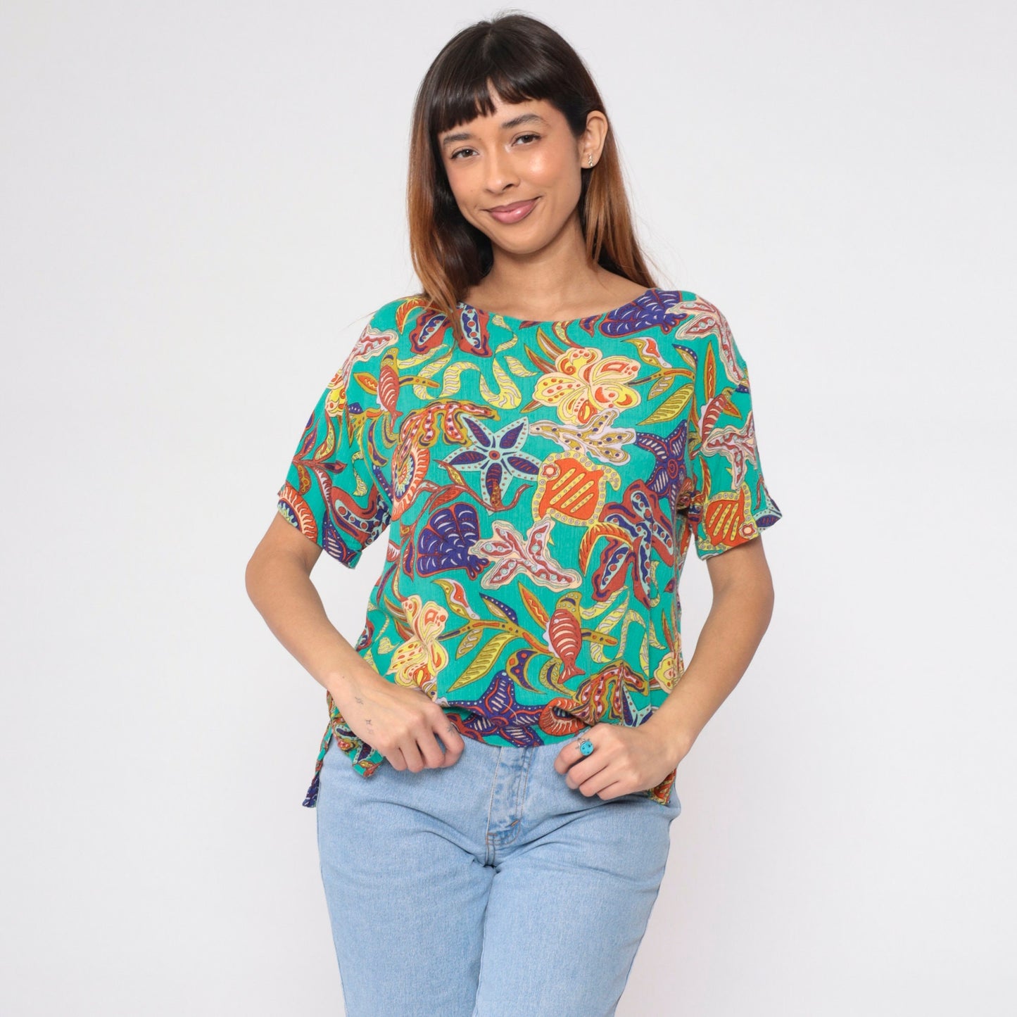 90s Under The Sea Print Rayon Blouse Turquoise Fish Starfish Small