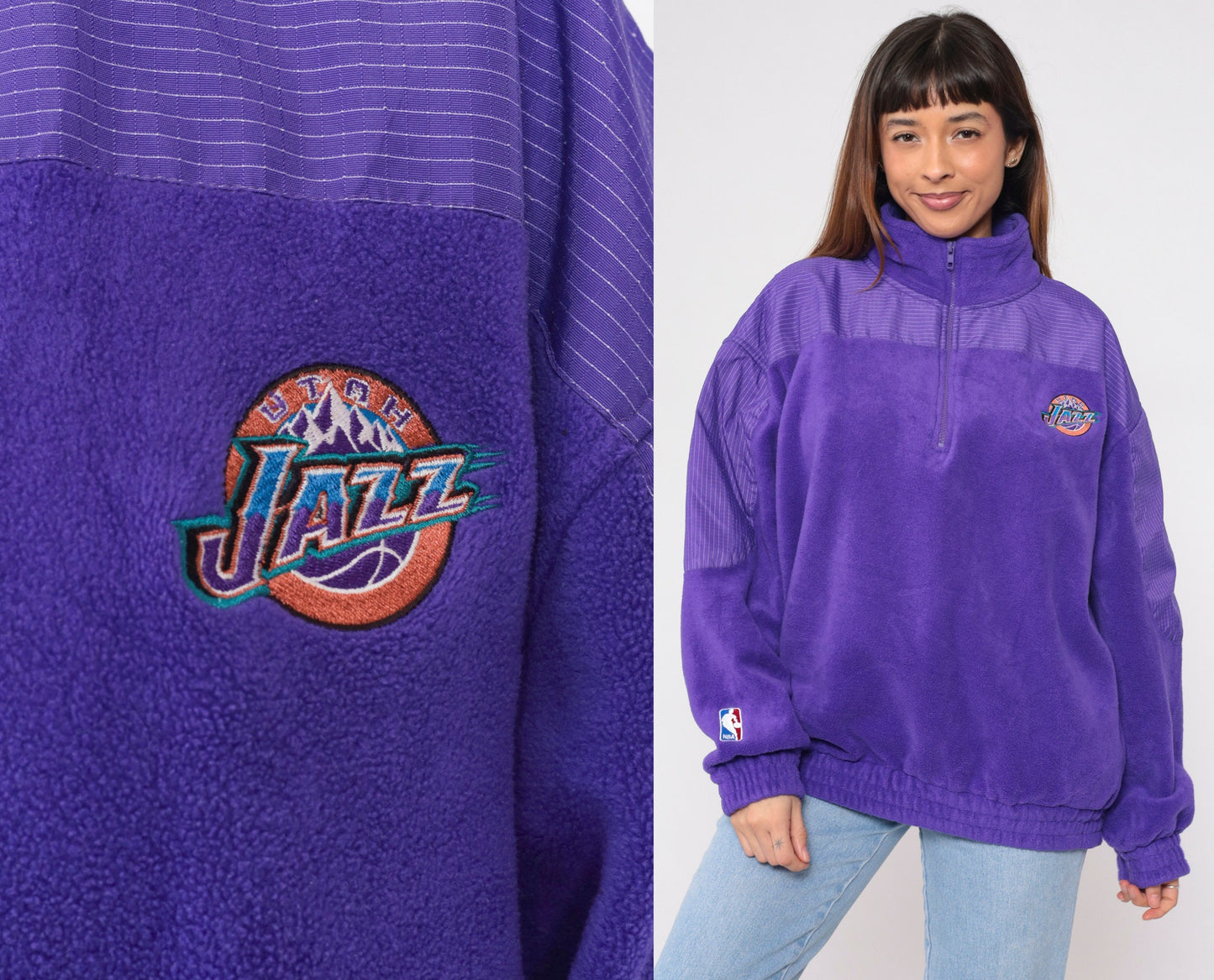 90s Utah Jazz Quarter Zip Fleece Sweatshirt Purple NBA Logo Men's XL
