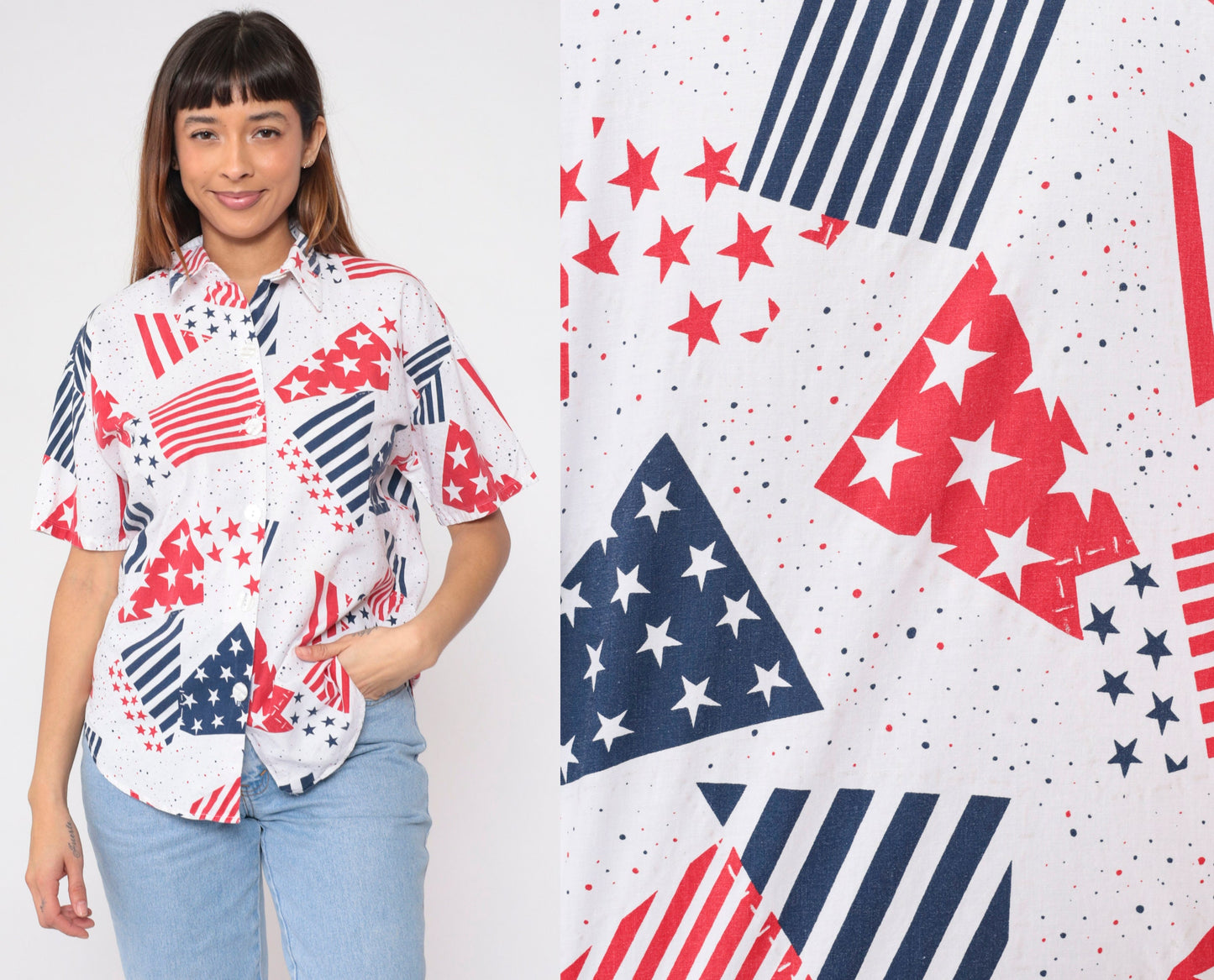 90s Stars and Stripes Button-Up Blouse Red White Blue American Flag Large L
