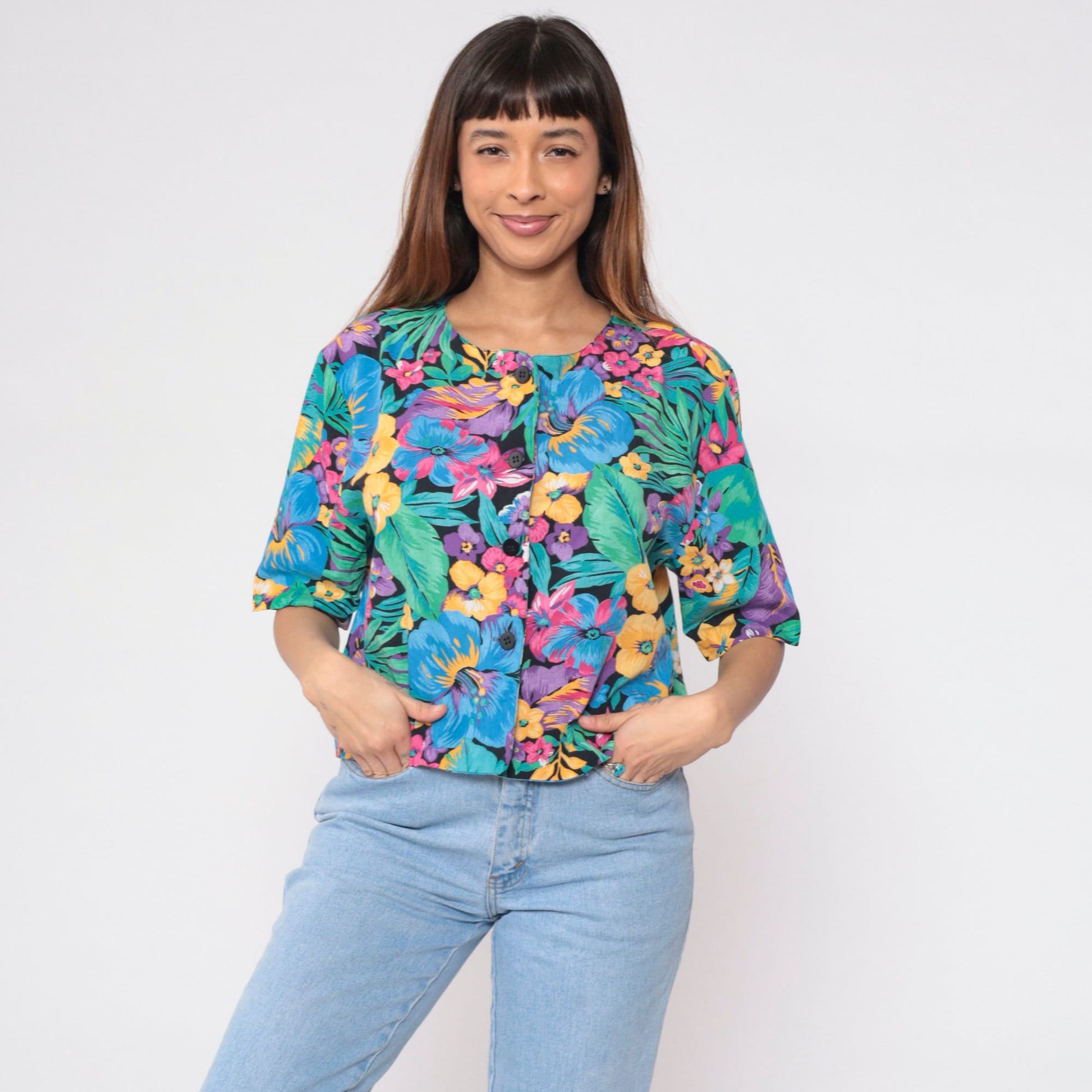 90s Black Tropical Floral Crop Top Button-Up Blouse Short Sleeve Large L