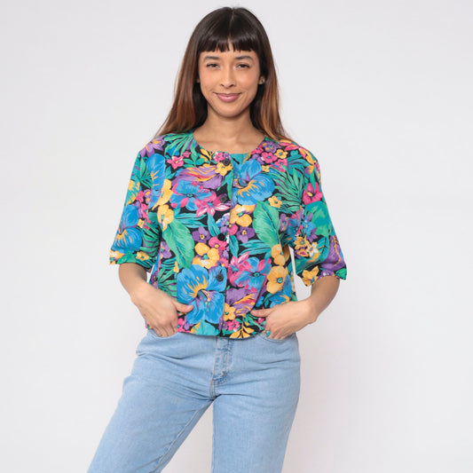 90s Black Tropical Floral Crop Top Button-Up Blouse Short Sleeve Large L