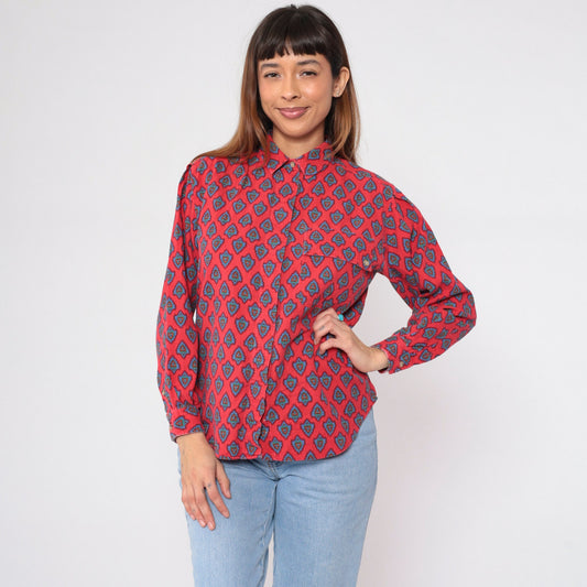 90s Heart Print Button-Up Blouse Red Floral Cotton Long Sleeve Medium M