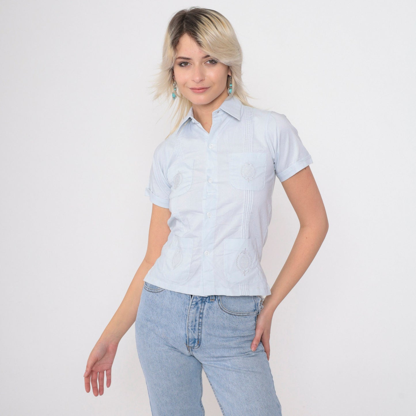 80s Baby Blue Embroidered Pintuck Button-Up Shirt Short Sleeve XXS