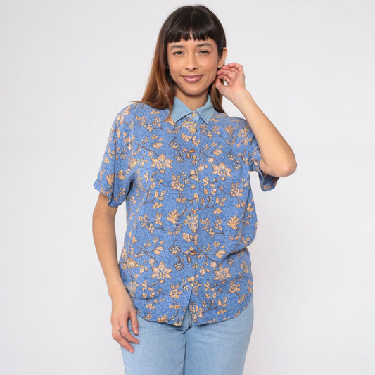 90s Blue Floral Button-Up Blouse Denim Collar Short Sleeve Small S