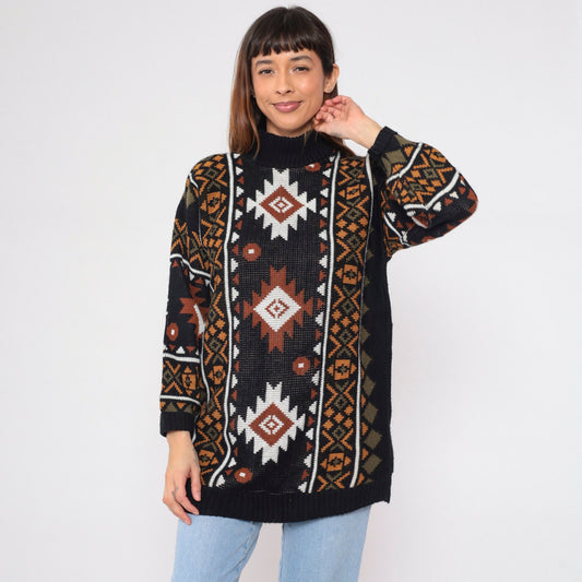 80s Southwestern Knit Turtleneck Sweater Black Geometric Print Large L