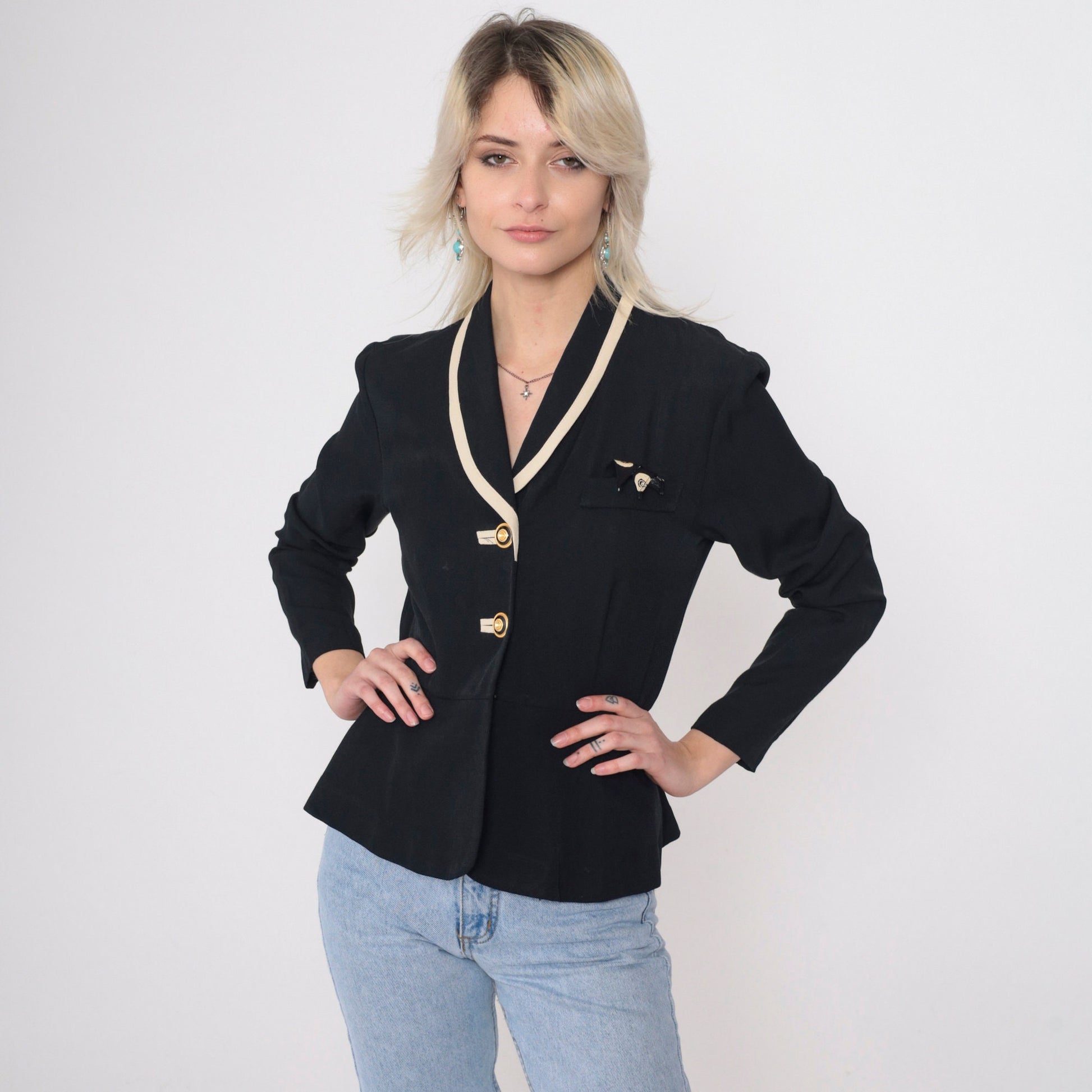 90s Black Blazer with Cream Trim Peplum Jacket Gold Buttons Small