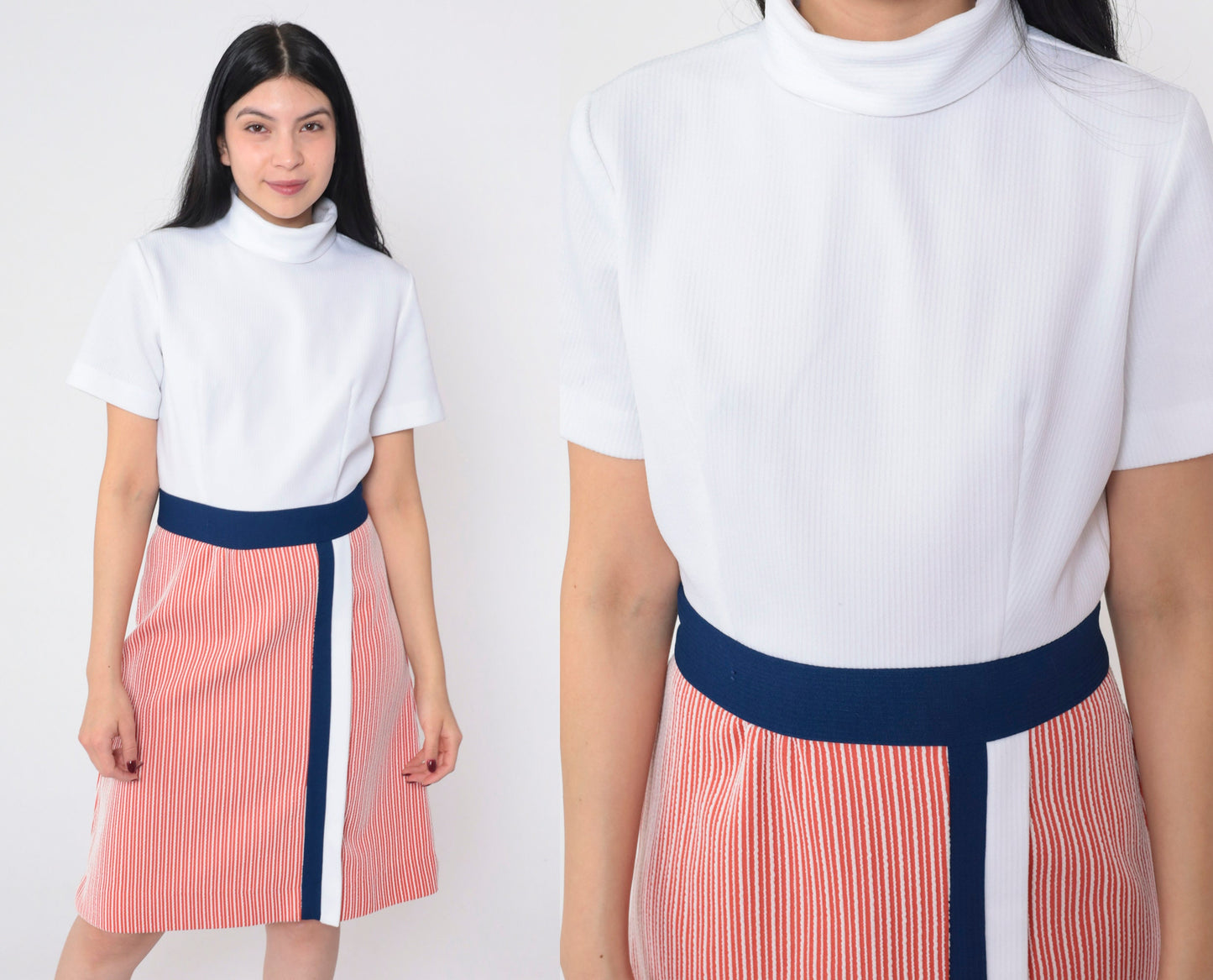 60s Striped Shift Dress Mock Neck Mini Red White Navy Blue Medium M