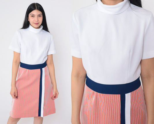 60s Striped Shift Dress Mock Neck Mini Red White Navy Blue Medium M