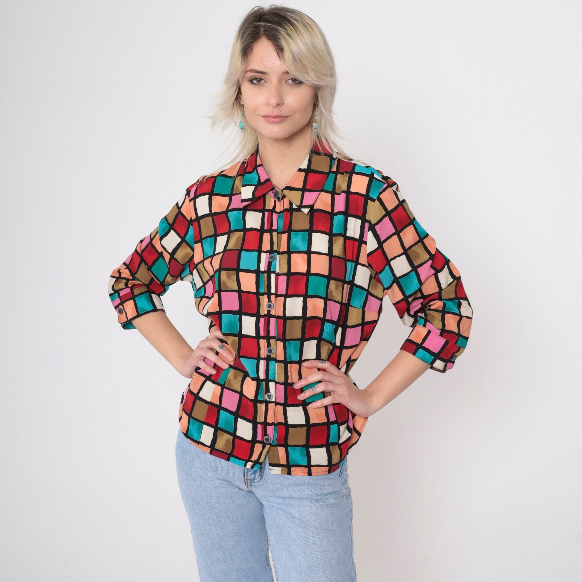 90s Checkered Button-Up Blouse 3/4 Sleeve Red Pink Turquoise Preppy Extra Large