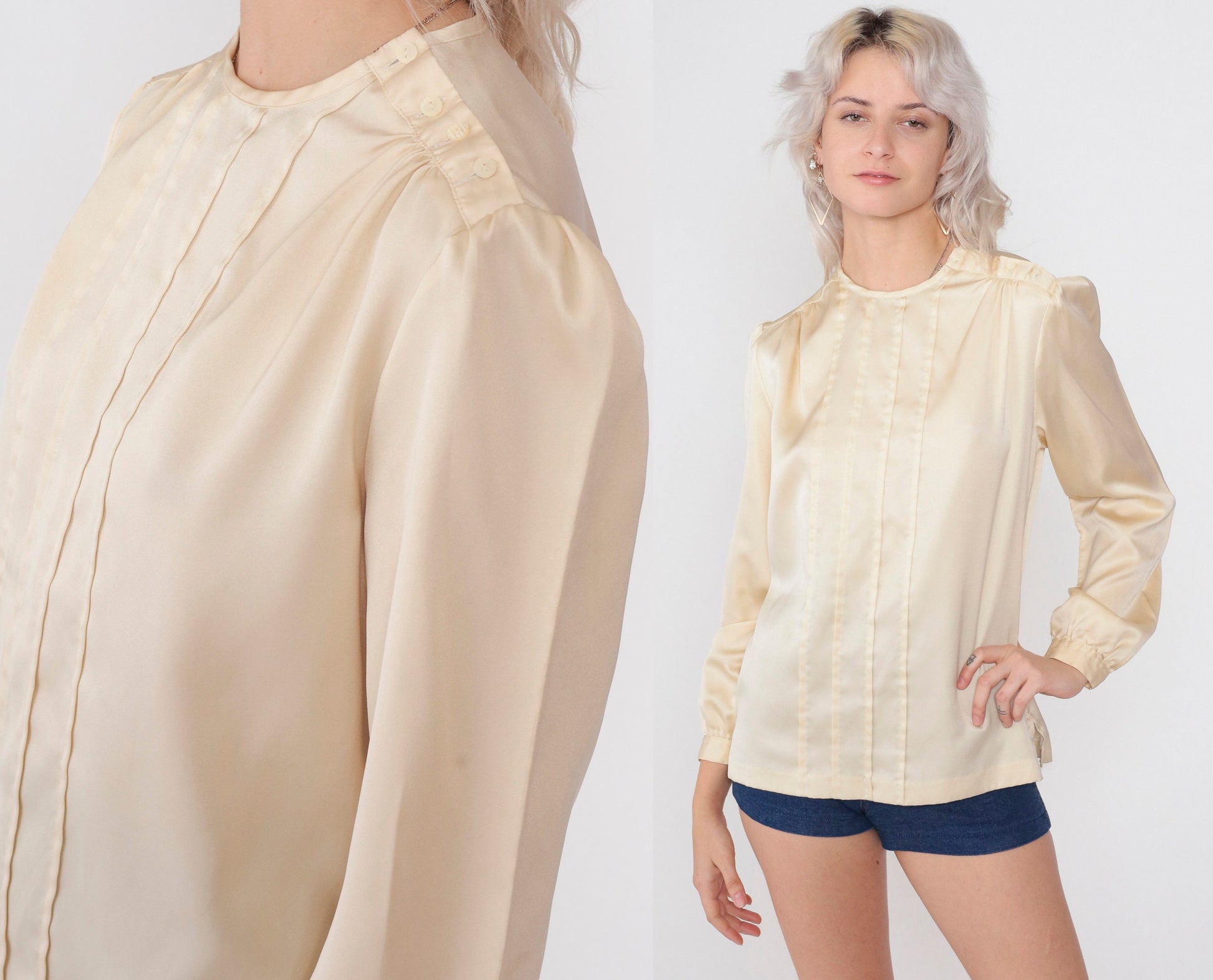 80s Cream Satin Blouse Puff Sleeve Pleated Shoulder Button Medium