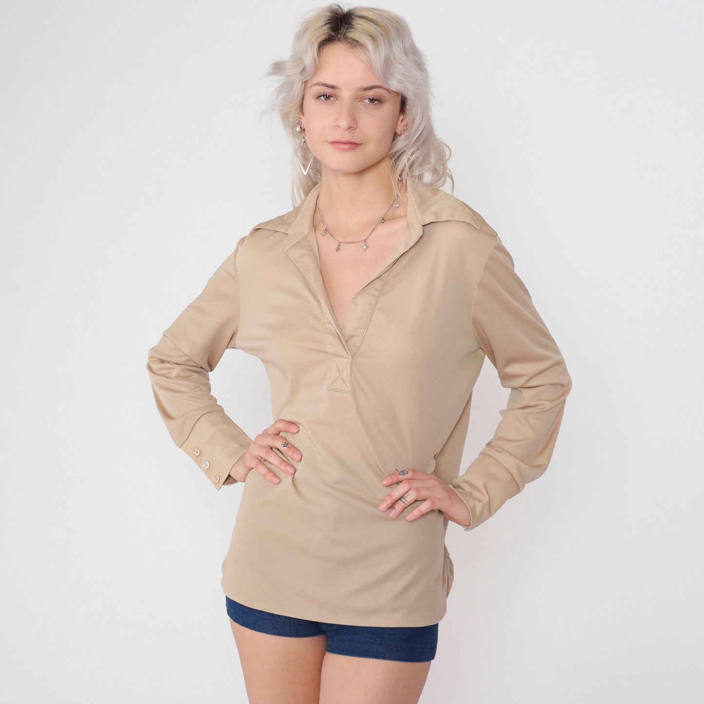 70s Tan Johnny Collar Long Sleeve Blouse Large L