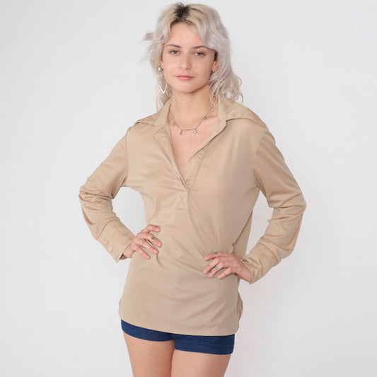 70s Tan Johnny Collar Long Sleeve Blouse Large L
