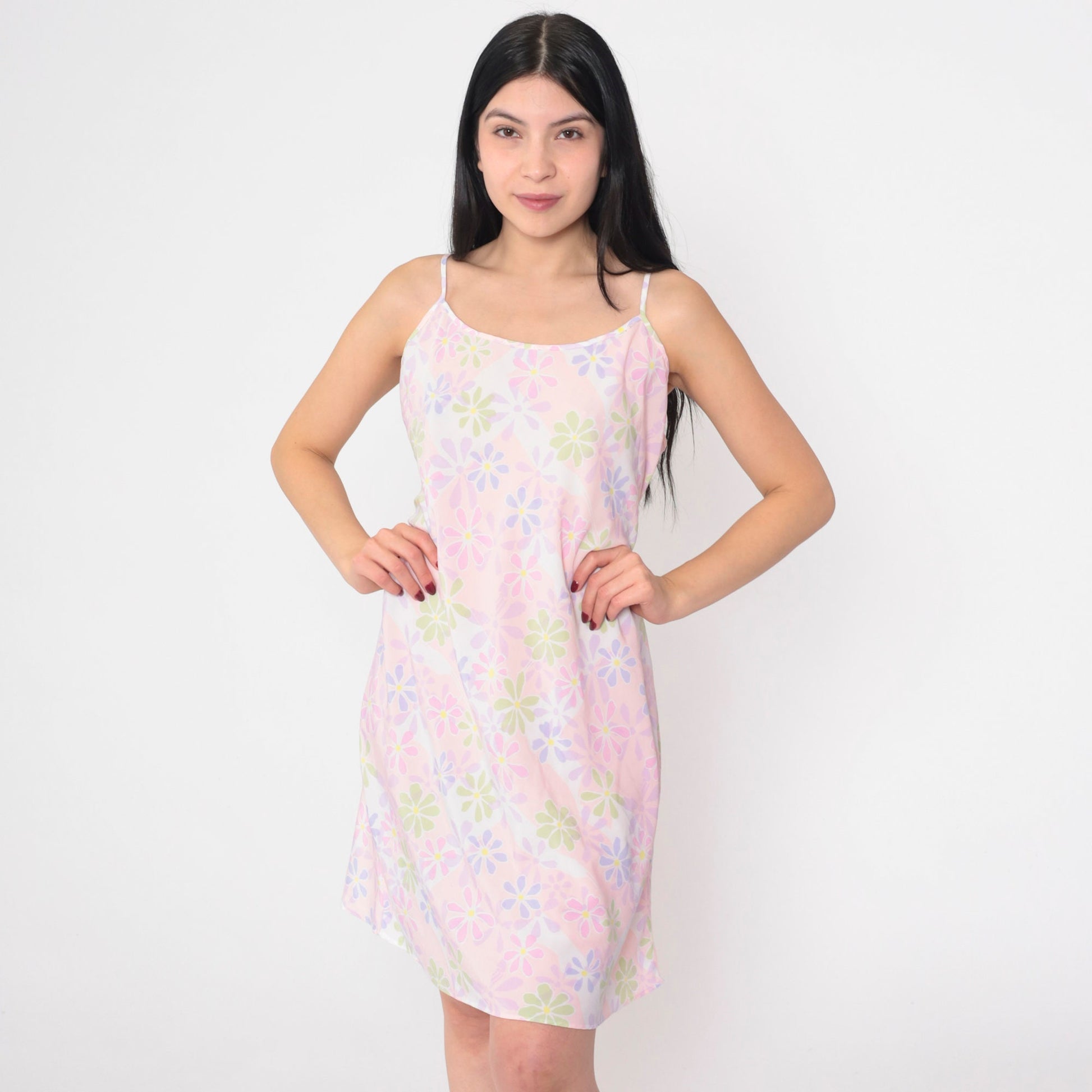 90s Baby Pink Daisy Floral Mini Slip Dress Spaghetti Strap Small M